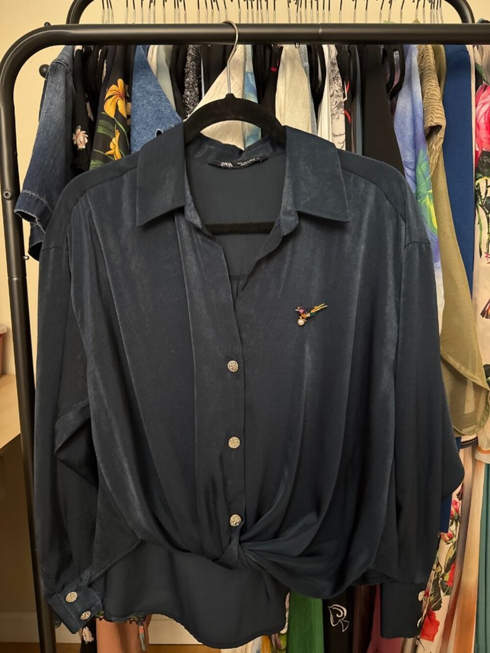 Zara Navy Satin Tie-Front Button-Up Shirt Long Sleeve — Size S + Free Brooch